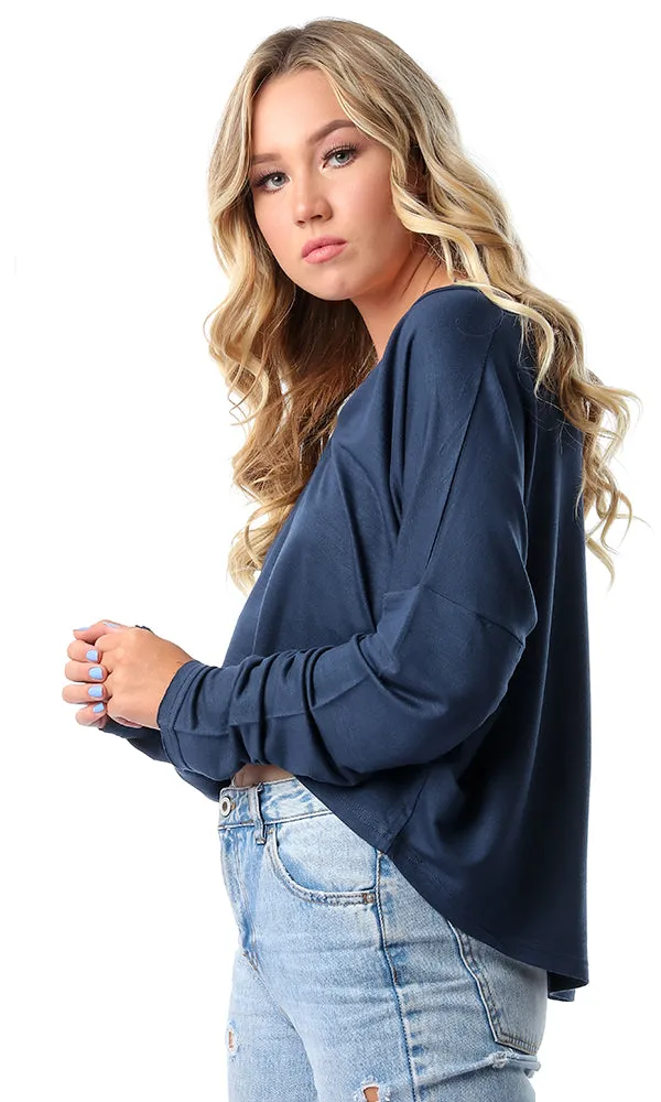 53422 Loose V-Neck Long Sleeves Navy Blue Crop Top