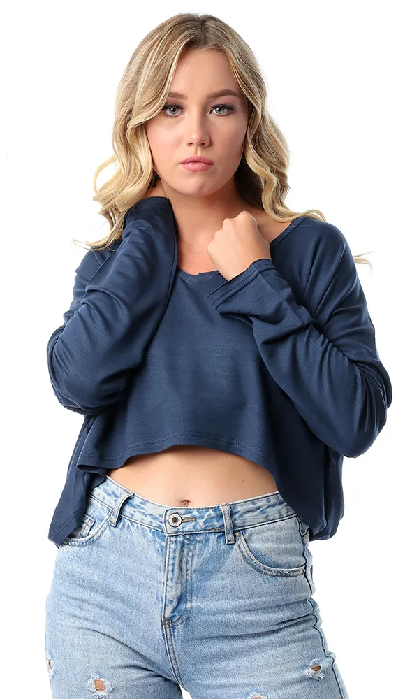 53422 Loose V-Neck Long Sleeves Navy Blue Crop Top