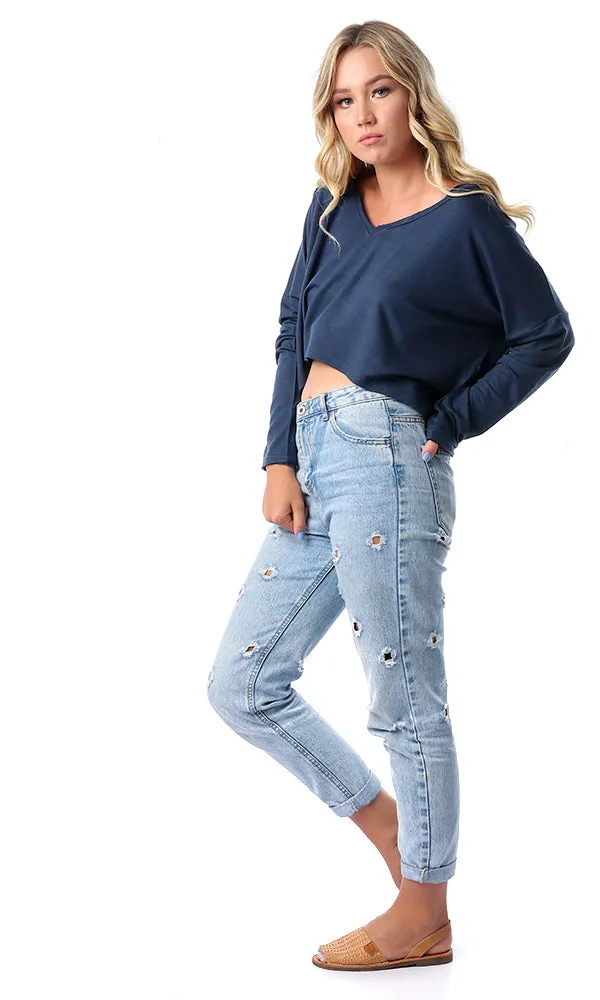 53422 Loose V-Neck Long Sleeves Navy Blue Crop Top