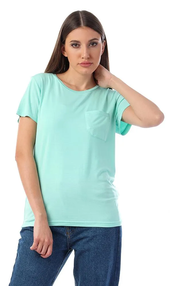 57765 Basic Solid Tee With Front Pocket - Aquamarine