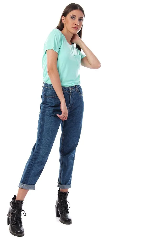 57765 Basic Solid Tee With Front Pocket - Aquamarine