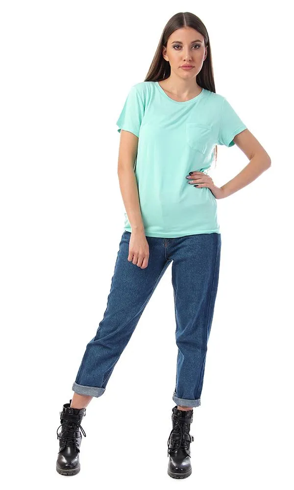 57765 Basic Solid Tee With Front Pocket - Aquamarine