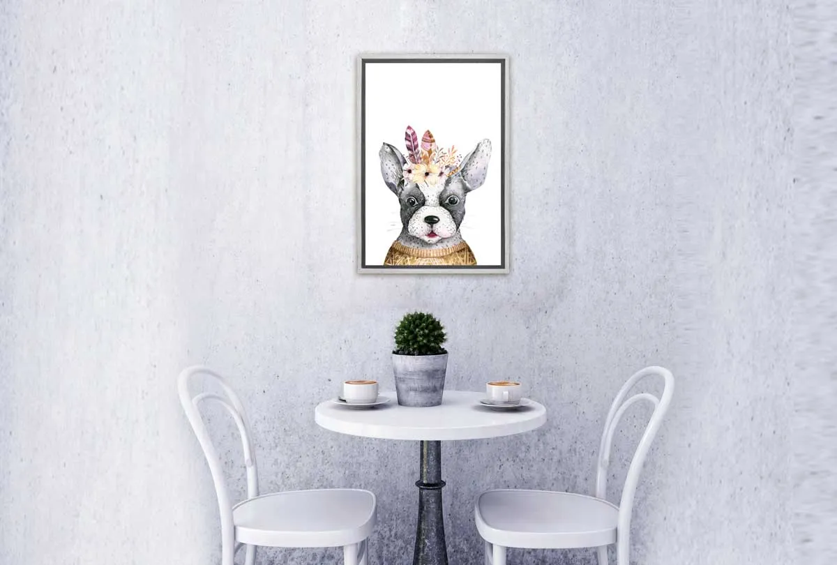 Bulldog with Boho Feathers | Canvas Wall Art Print