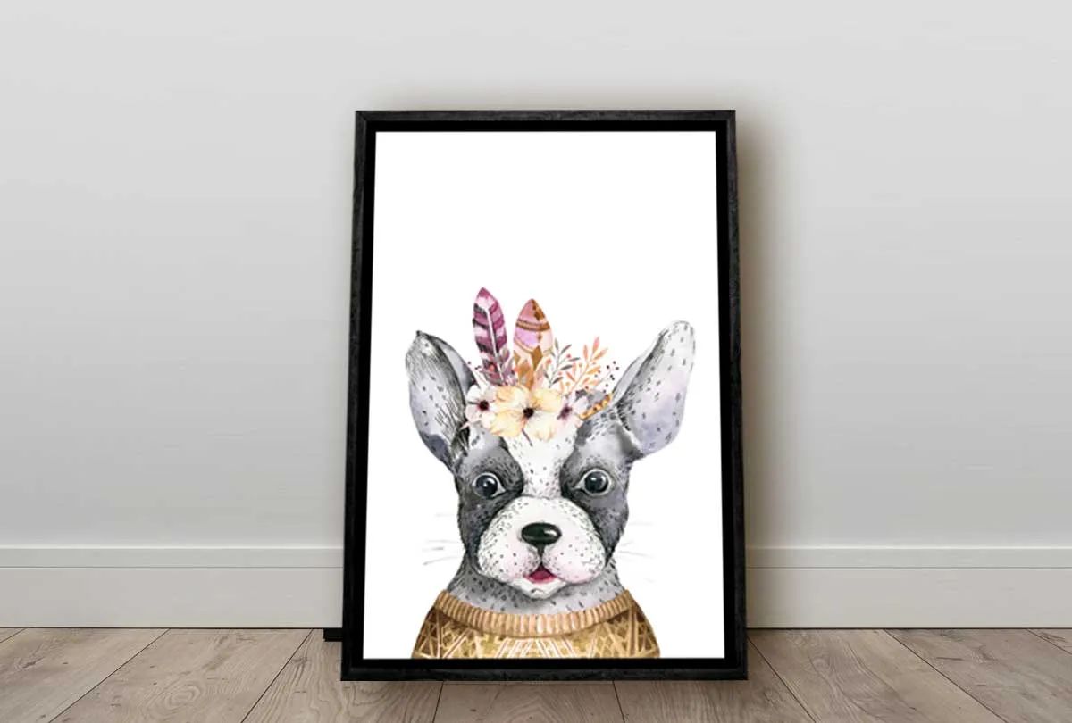 Bulldog with Boho Feathers | Canvas Wall Art Print