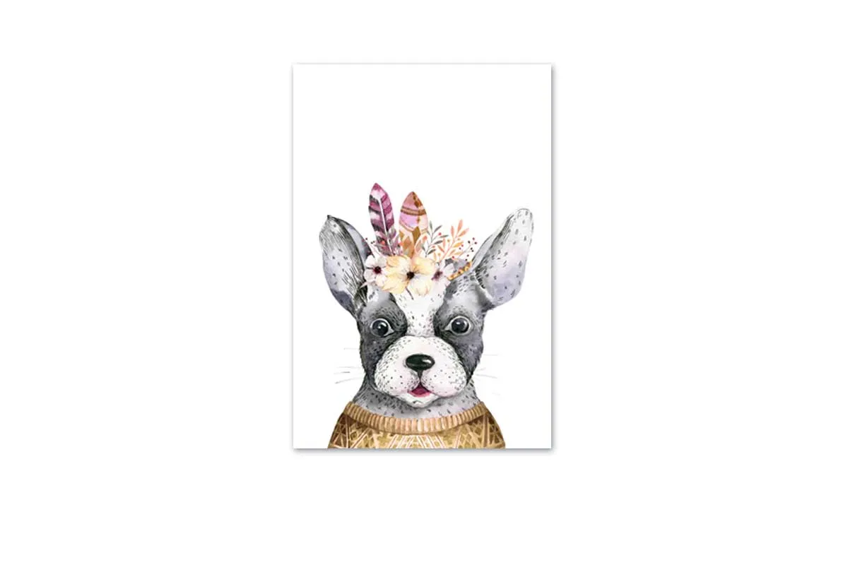 Bulldog with Boho Feathers | Canvas Wall Art Print