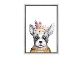 Bulldog with Boho Feathers | Canvas Wall Art Print