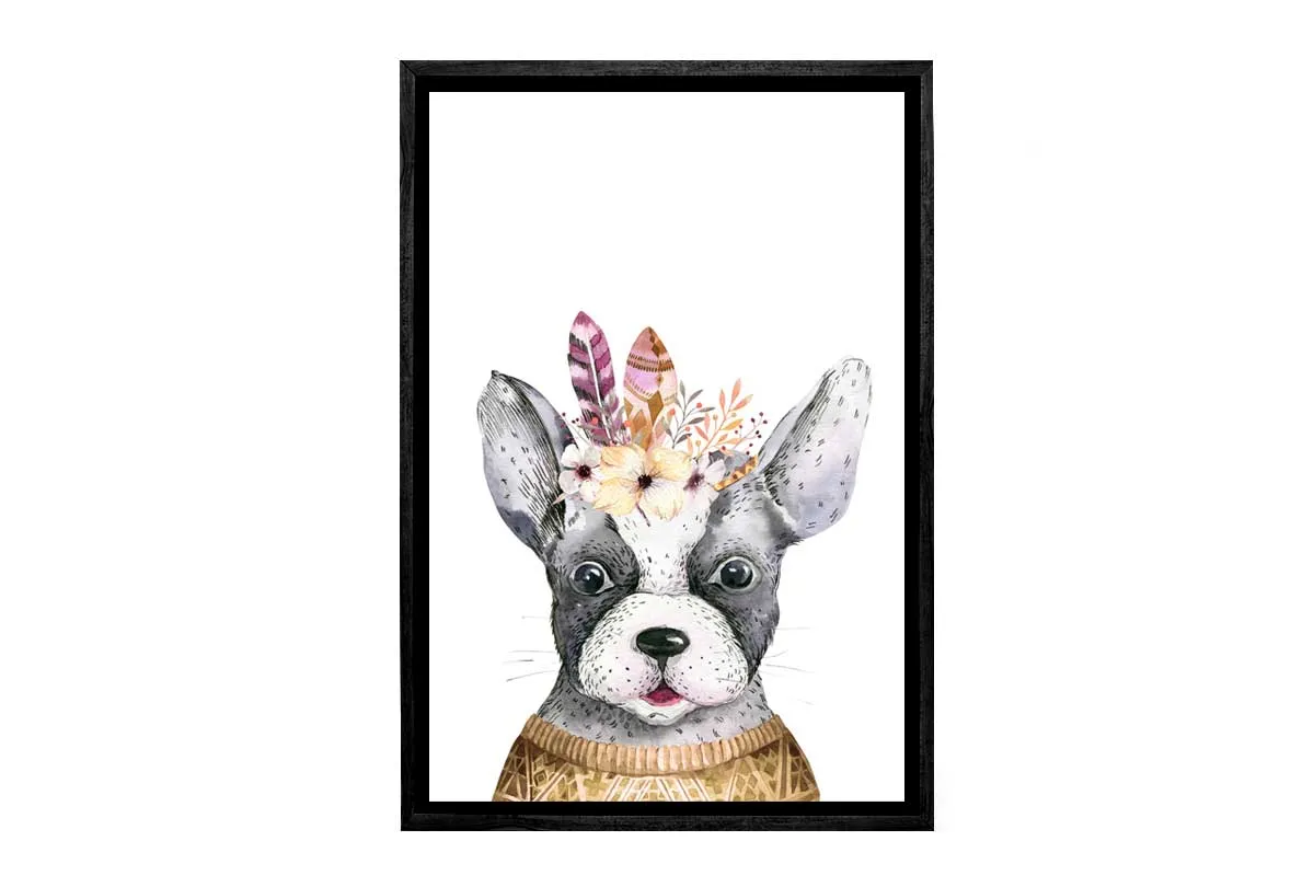 Bulldog with Boho Feathers | Canvas Wall Art Print