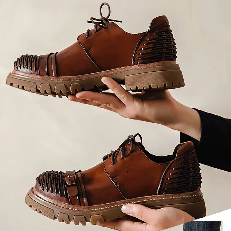 Luxury Men's Genuine Leather Work Boots / Casual Lace-up Platform Shoes / Fashion Driving Shoes