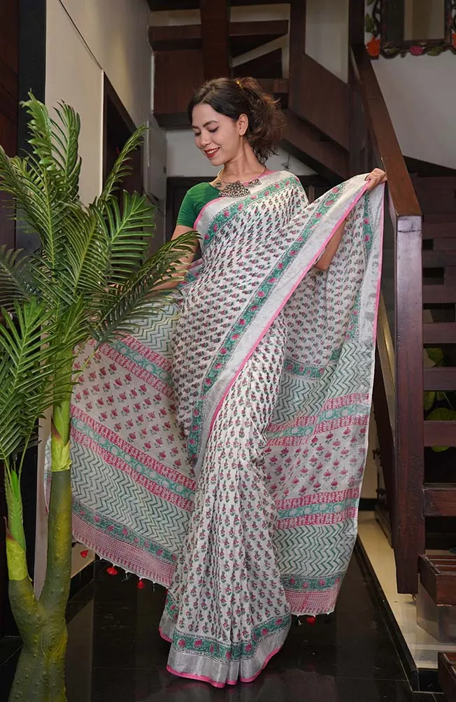 Ready To Wear Jaipuri Sanganeri Print Cotton Linen With Tassels Wrap in one minute saree