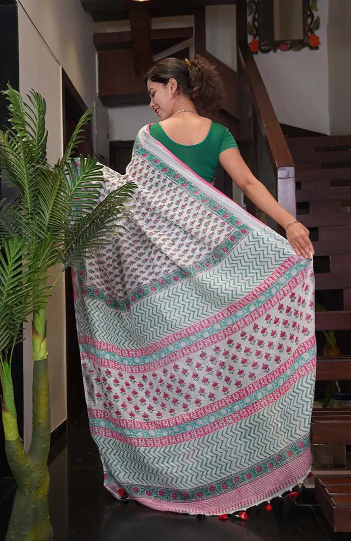 Ready To Wear Jaipuri Sanganeri Print Cotton Linen With Tassels Wrap in one minute saree