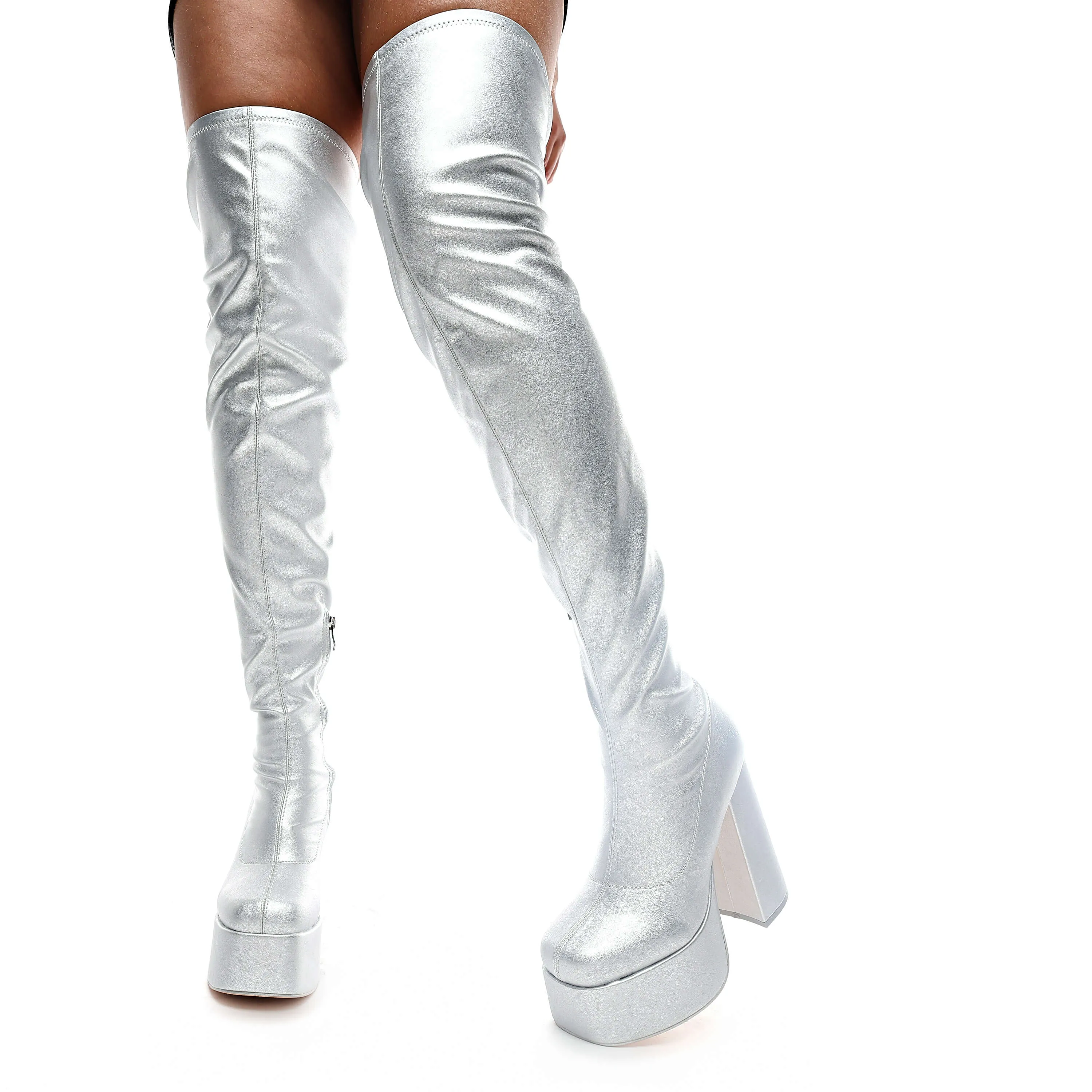 The Redemption Plus Size Thigh High Boots - Silver